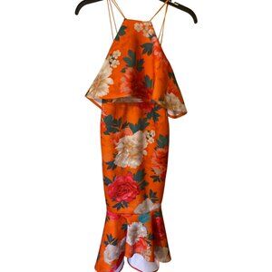 ASOS Floral Print Orange Midi Dress With Ruffle Detail